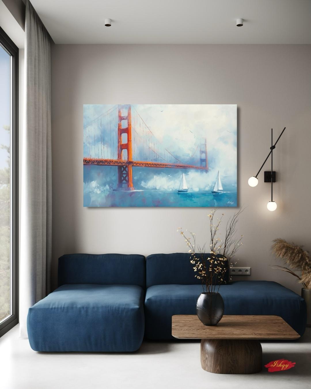 Golden Gate Bridge Wall Art, San Francisco Seascape Canvas Painting with Sailboats, Coastal Cityscape Artwork for Modern Home Decor