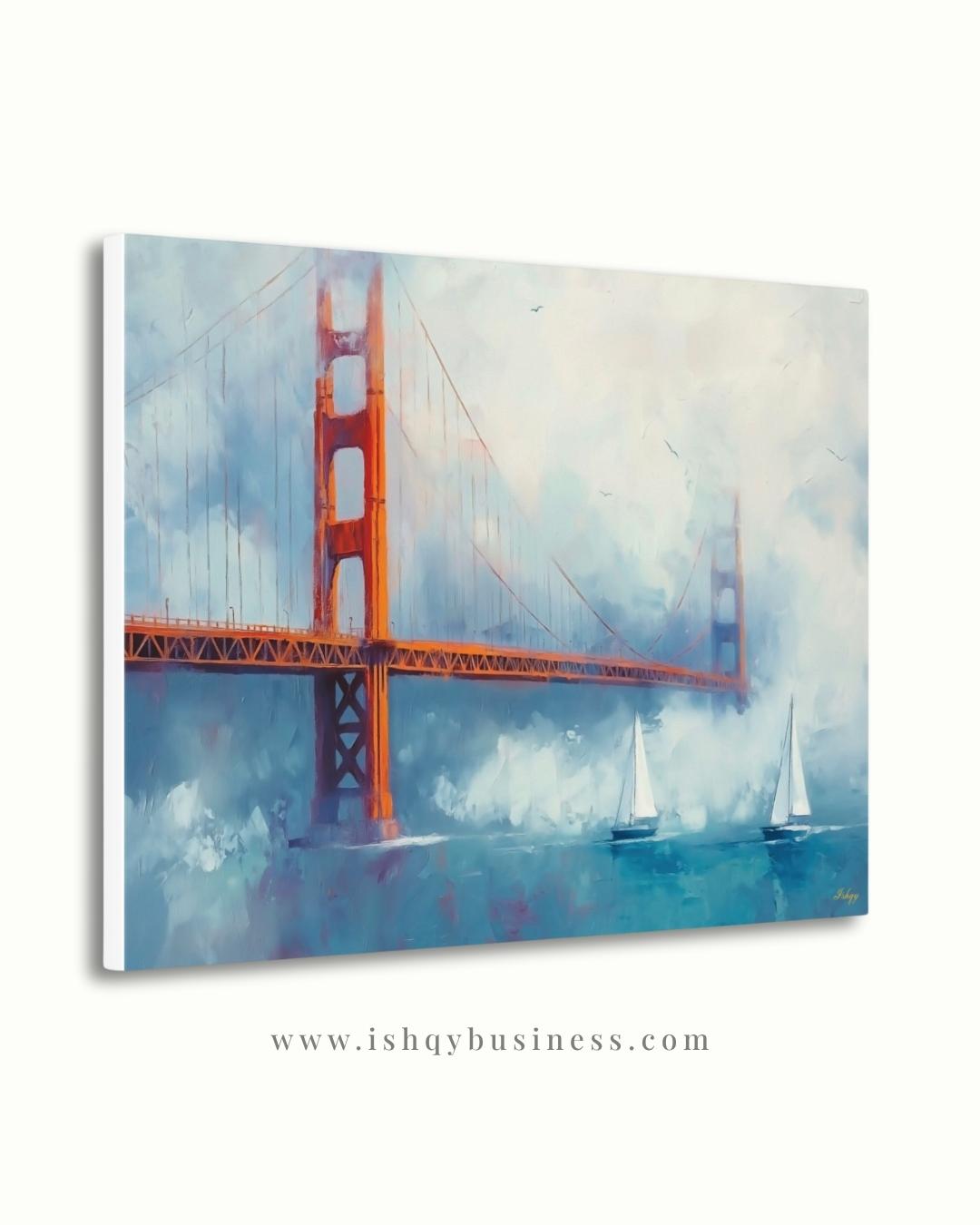 Golden Gate Bridge Wall Art, San Francisco Seascape Canvas Painting with Sailboats, Coastal Cityscape Artwork for Modern Home Decor