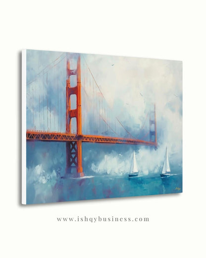 Golden Gate Bridge Wall Art, San Francisco Seascape Canvas Painting with Sailboats, Coastal Cityscape Artwork for Modern Home Decor