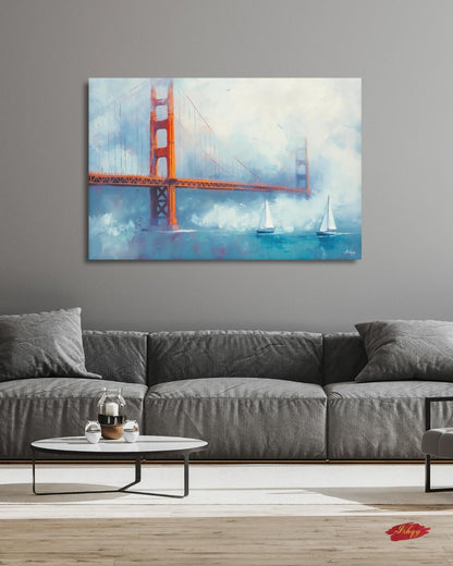 Golden Gate Bridge Wall Art, San Francisco Seascape Canvas Painting with Sailboats, Coastal Cityscape Artwork for Modern Home Decor