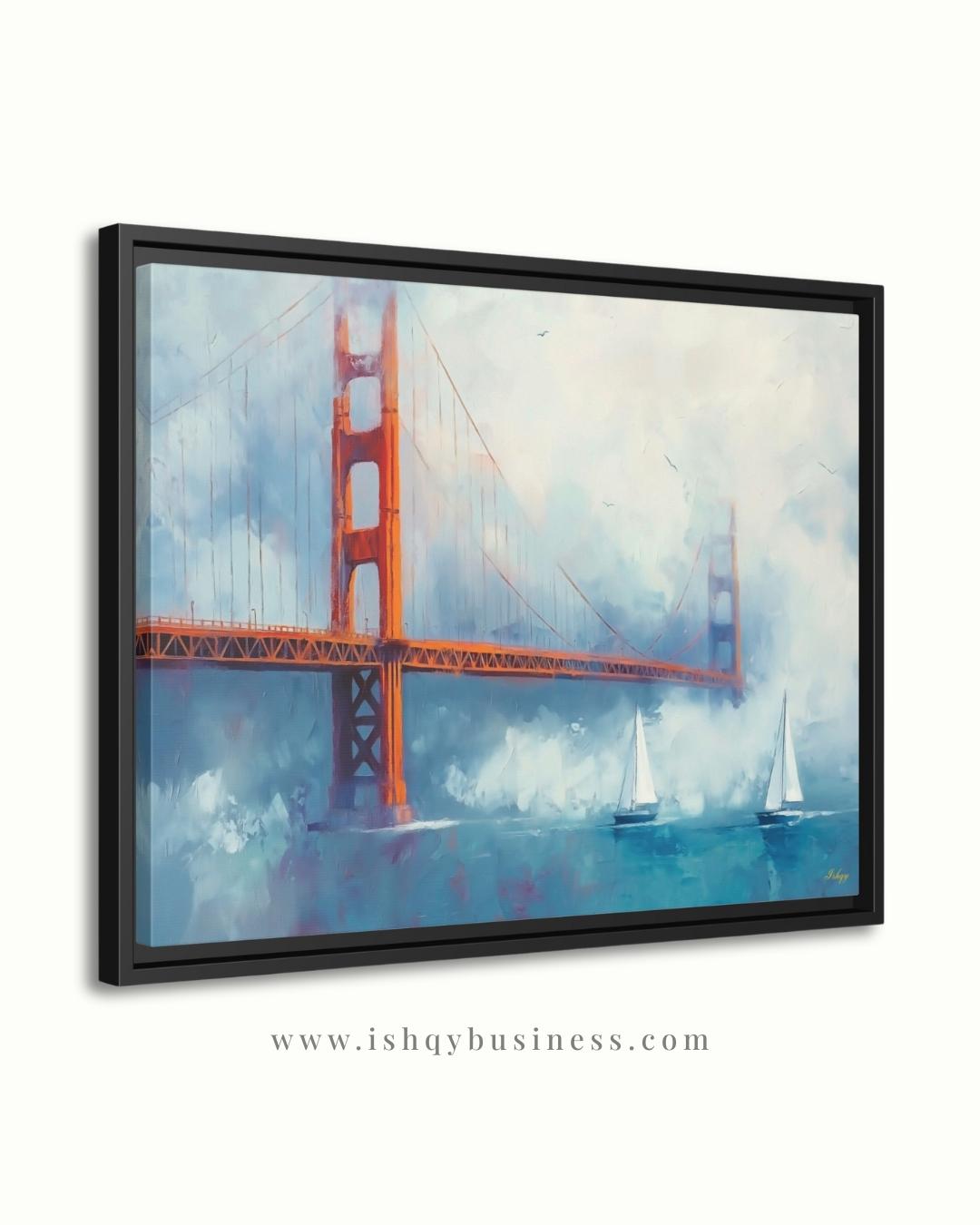 Golden Gate Bridge Wall Art, San Francisco Seascape Canvas Painting with Sailboats, Coastal Cityscape Artwork for Modern Home Decor