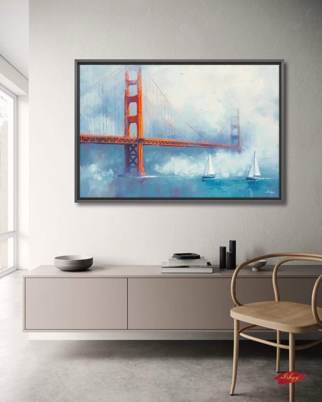 Golden Gate Bridge Wall Art, San Francisco Seascape Canvas Painting with Sailboats, Coastal Cityscape Artwork for Modern Home Decor