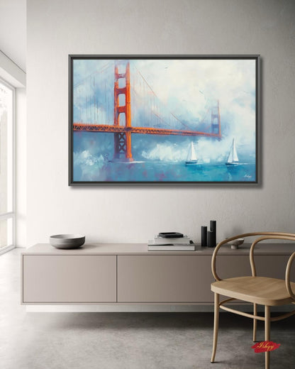 Golden Gate Bridge Wall Art, San Francisco Seascape Canvas Painting with Sailboats, Coastal Cityscape Artwork for Modern Home Decor