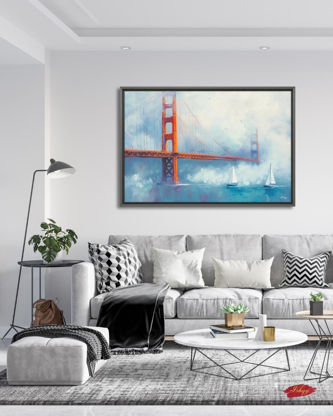 Golden Gate Bridge Wall Art, San Francisco Seascape Canvas Painting with Sailboats, Coastal Cityscape Artwork for Modern Home Decor