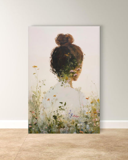 Woman Floral Wall Art, Back View Portrait Painting, Botanical Woman Canvas Art, Feminine Wall Decor, Neutral Home Art, Modern Nature Artwork