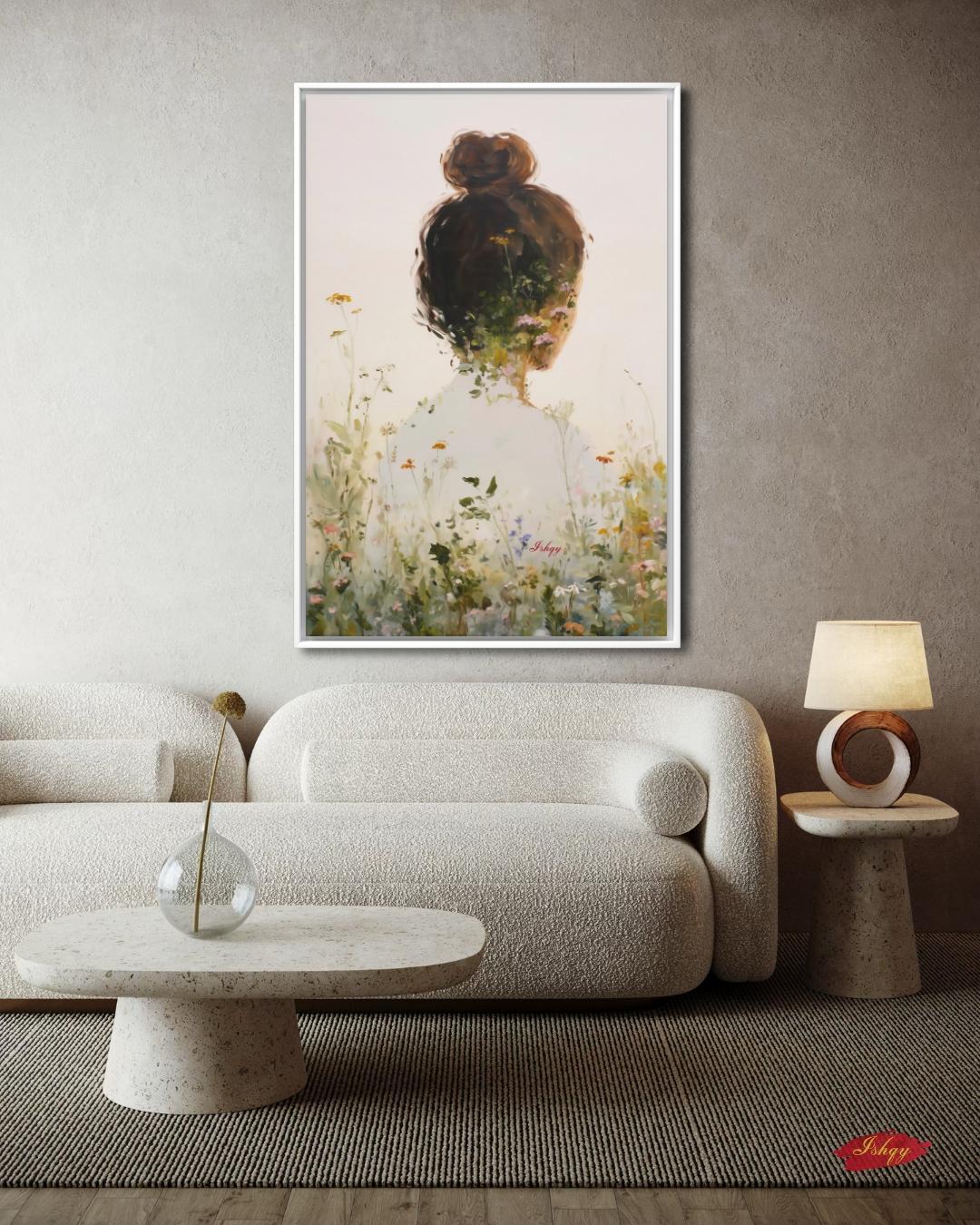 Woman Floral Wall Art, Back View Portrait Painting, Botanical Woman Canvas Art, Feminine Wall Decor, Neutral Home Art, Modern Nature Artwork