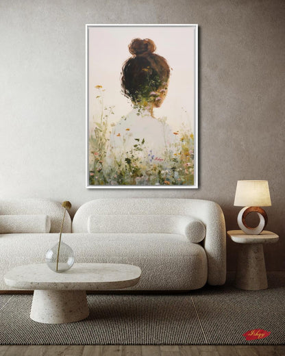 Woman Floral Wall Art, Back View Portrait Painting, Botanical Woman Canvas Art, Feminine Wall Decor, Neutral Home Art, Modern Nature Artwork