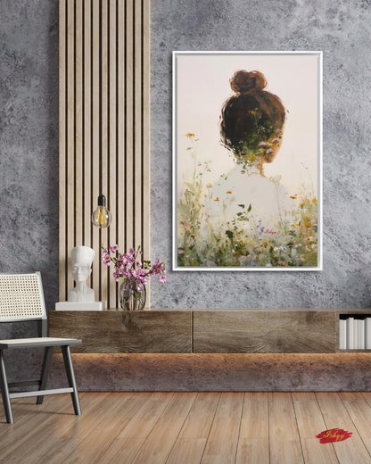Woman Floral Wall Art, Back View Portrait Painting, Botanical Woman Canvas Art, Feminine Wall Decor, Neutral Home Art, Modern Nature Artwork