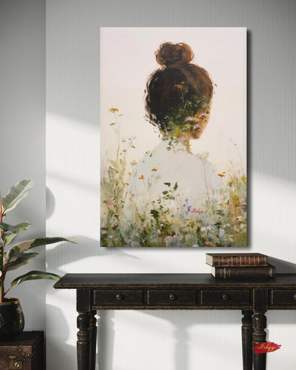 Woman Floral Wall Art, Back View Portrait Painting, Botanical Woman Canvas Art, Feminine Wall Decor, Neutral Home Art, Modern Nature Artwork