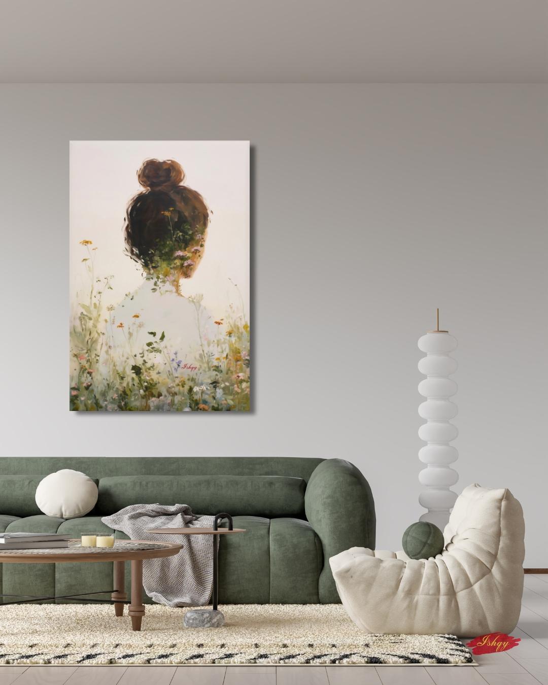 Woman Floral Wall Art, Back View Portrait Painting, Botanical Woman Canvas Art, Feminine Wall Decor, Neutral Home Art, Modern Nature Artwork