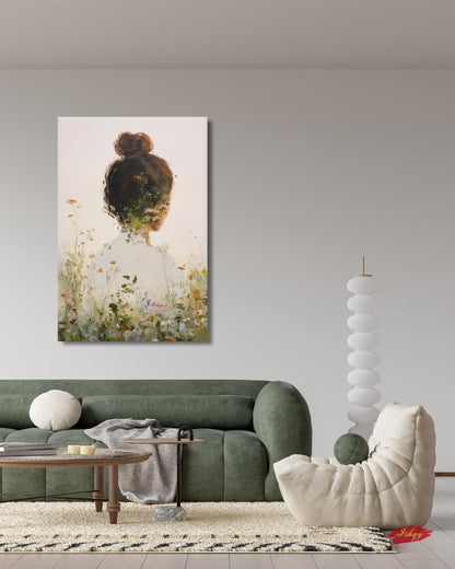 Woman Floral Wall Art, Back View Portrait Painting, Botanical Woman Canvas Art, Feminine Wall Decor, Neutral Home Art, Modern Nature Artwork