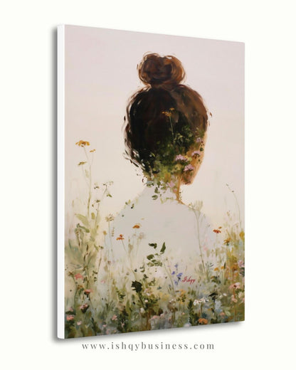 Woman Floral Wall Art, Back View Portrait Painting, Botanical Woman Canvas Art, Feminine Wall Decor, Neutral Home Art, Modern Nature Artwork