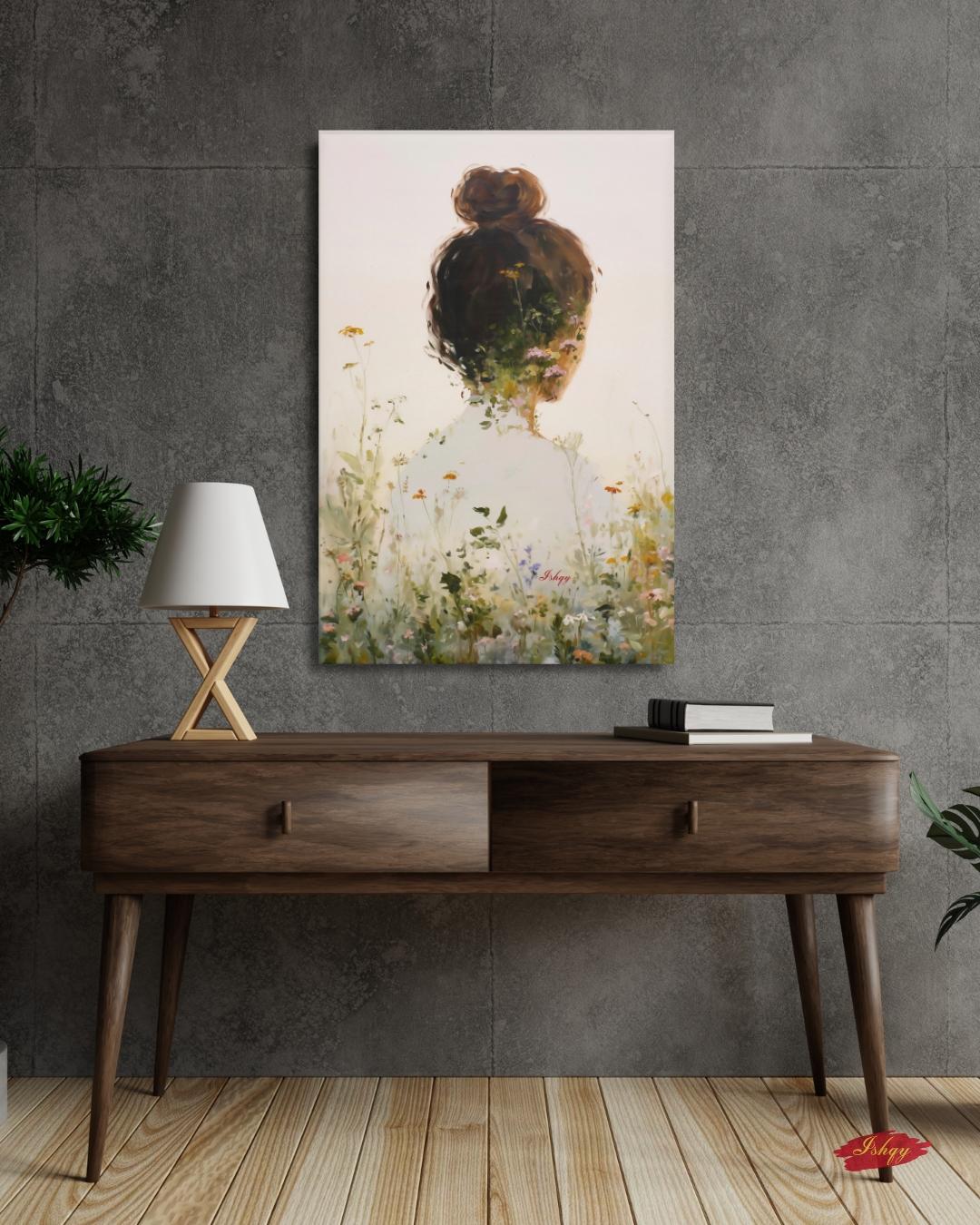 Woman Floral Wall Art, Back View Portrait Painting, Botanical Woman Canvas Art, Feminine Wall Decor, Neutral Home Art, Modern Nature Artwork