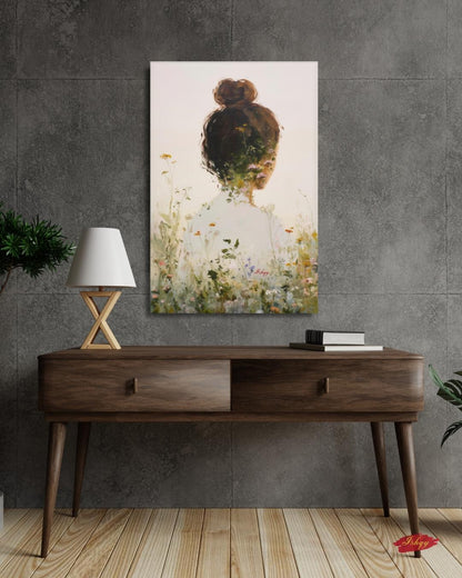 Woman Floral Wall Art, Back View Portrait Painting, Botanical Woman Canvas Art, Feminine Wall Decor, Neutral Home Art, Modern Nature Artwork