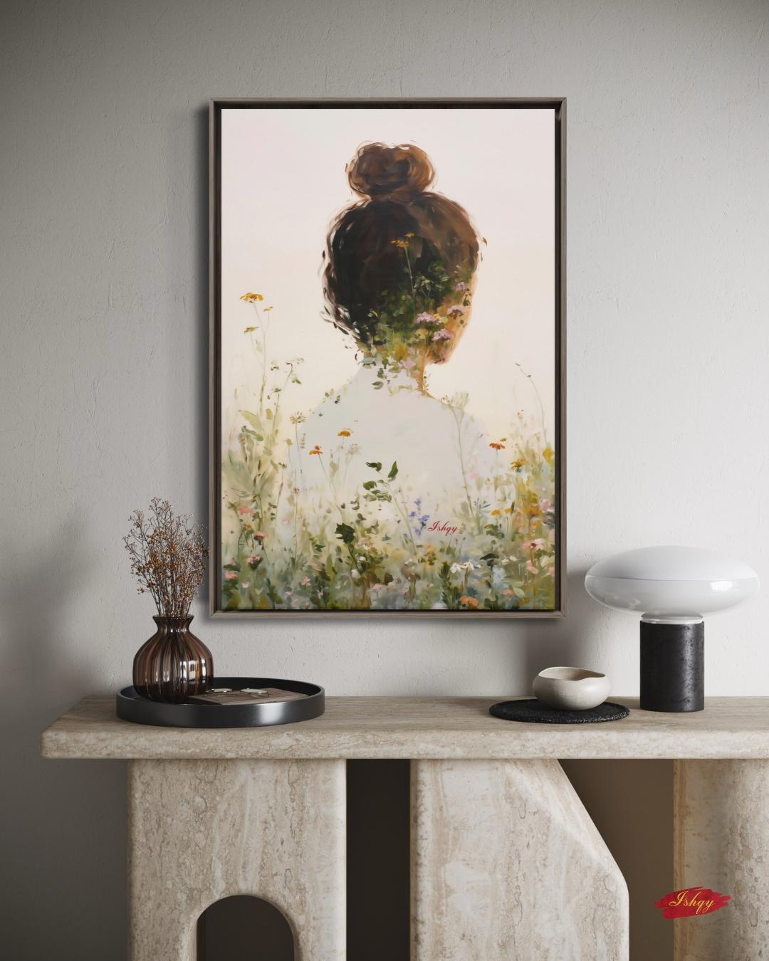 Woman Floral Wall Art, Back View Portrait Painting, Botanical Woman Canvas Art, Feminine Wall Decor, Neutral Home Art, Modern Nature Artwork