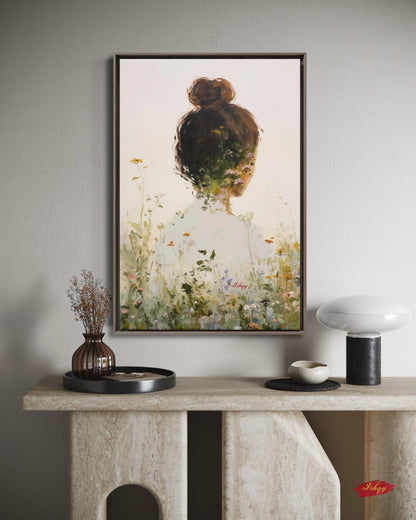 Woman Floral Wall Art, Back View Portrait Painting, Botanical Woman Canvas Art, Feminine Wall Decor, Neutral Home Art, Modern Nature Artwork