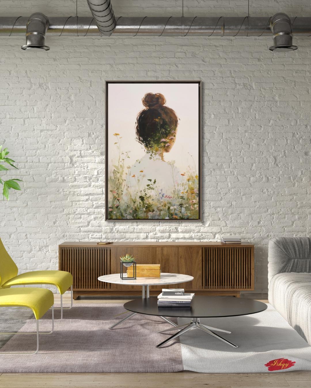 Woman Floral Wall Art, Back View Portrait Painting, Botanical Woman Canvas Art, Feminine Wall Decor, Neutral Home Art, Modern Nature Artwork
