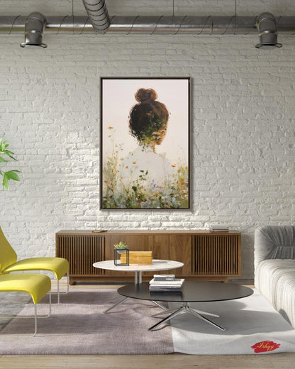 Woman Floral Wall Art, Back View Portrait Painting, Botanical Woman Canvas Art, Feminine Wall Decor, Neutral Home Art, Modern Nature Artwork