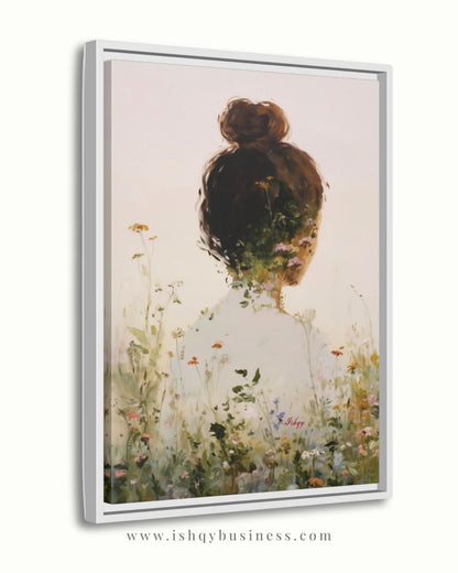 Woman Floral Wall Art, Back View Portrait Painting, Botanical Woman Canvas Art, Feminine Wall Decor, Neutral Home Art, Modern Nature Artwork