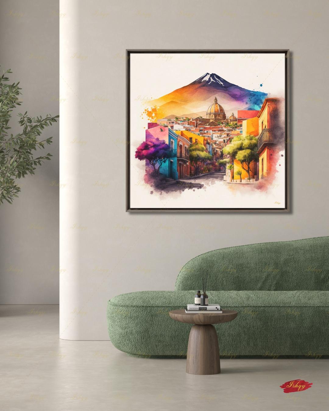 Bernal Mexico Wall Art Canvas Print, Peña de Bernal Queretaro Landscape Painting, Colorful Pueblo Street, Travel Decor, Large Wall Art, Gift