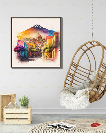 Bernal Mexico Wall Art Canvas Print, Peña de Bernal Queretaro Landscape Painting, Colorful Pueblo Street, Travel Decor, Large Wall Art, Gift