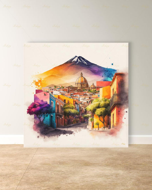 Bernal Mexico Wall Art Canvas Print, Peña de Bernal Queretaro Landscape Painting, Colorful Pueblo Street, Travel Decor, Large Wall Art, Gift