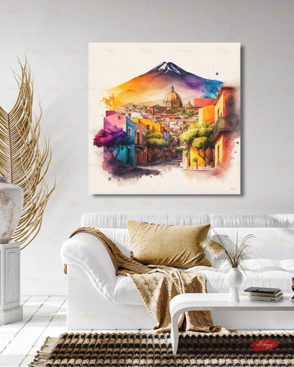 Bernal Mexico Wall Art Canvas Print, Peña de Bernal Queretaro Landscape Painting, Colorful Pueblo Street, Travel Decor, Large Wall Art, Gift