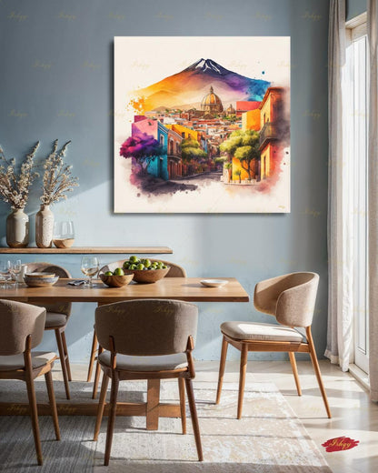Bernal Mexico Wall Art Canvas Print, Peña de Bernal Queretaro Landscape Painting, Colorful Pueblo Street, Travel Decor, Large Wall Art, Gift