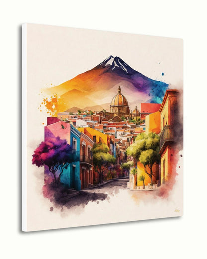 Bernal Mexico Art Print, Peña de Bernal Painting, Colorful Mexican Street Canvas, Vibrant Travel Wall Decor, Colonial Town Artwork