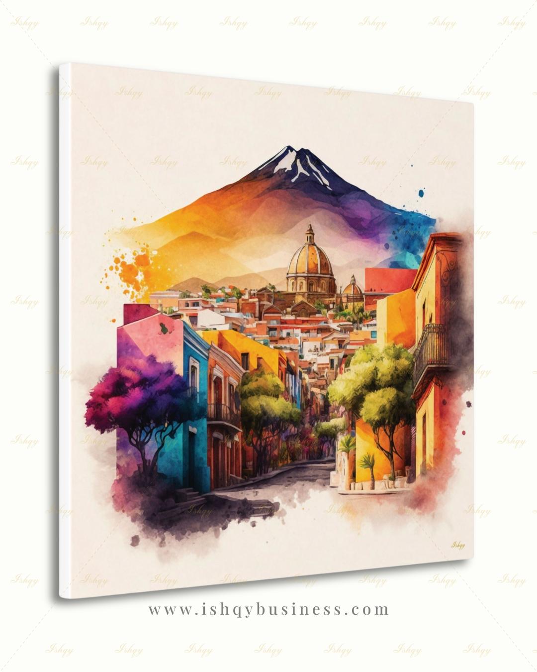 Bernal Mexico Wall Art Canvas Print, Peña de Bernal Queretaro Landscape Painting, Colorful Pueblo Street, Travel Decor, Large Wall Art, Gift