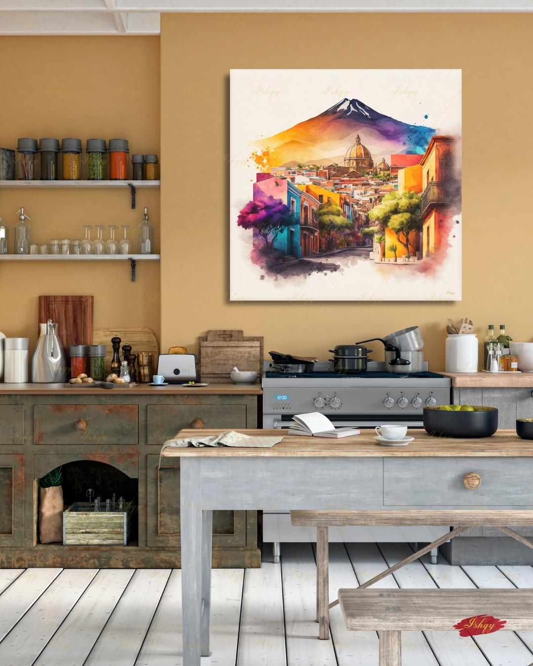 Bernal Mexico Wall Art Canvas Print, Peña de Bernal Queretaro Landscape Painting, Colorful Pueblo Street, Travel Decor, Large Wall Art, Gift