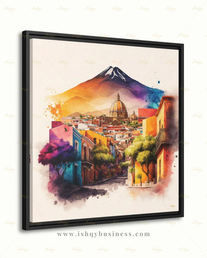 Bernal Mexico Wall Art Canvas Print, Peña de Bernal Queretaro Landscape Painting, Colorful Pueblo Street, Travel Decor, Large Wall Art, Gift