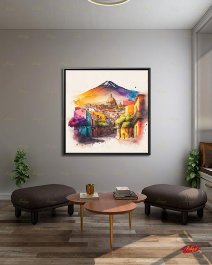 Bernal Mexico Wall Art Canvas Print, Peña de Bernal Queretaro Landscape Painting, Colorful Pueblo Street, Travel Decor, Large Wall Art, Gift