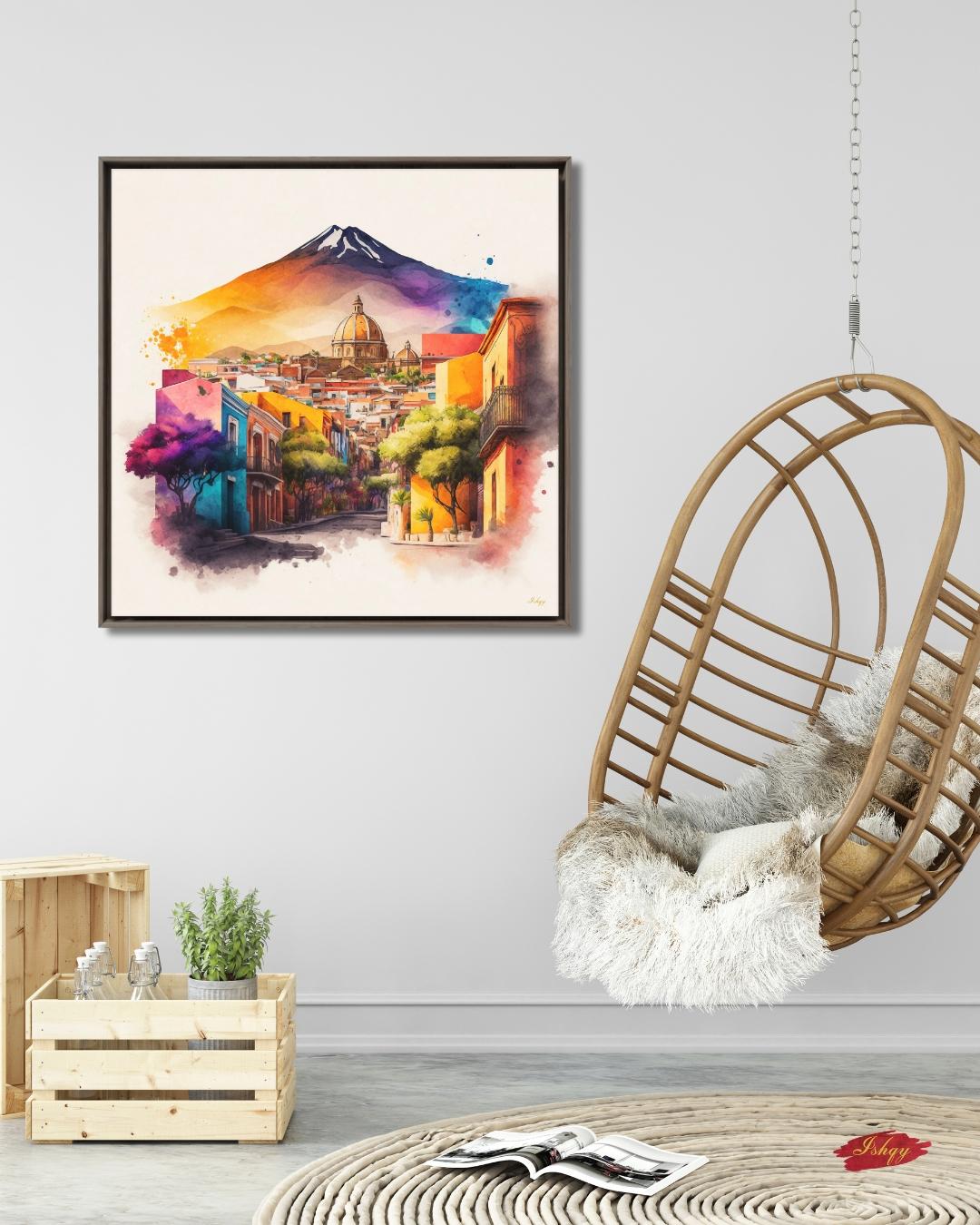 Bernal Mexico Art Print, Peña de Bernal Painting, Colorful Mexican Street Canvas, Vibrant Travel Wall Decor, Colonial Town Artwork