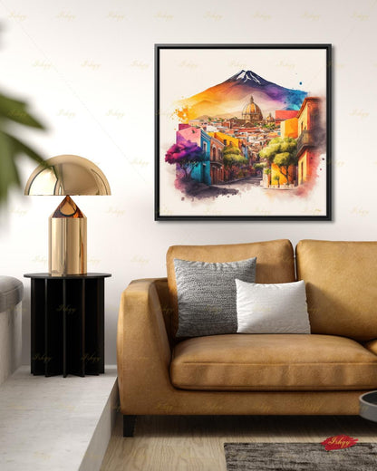Bernal Mexico Wall Art Canvas Print, Peña de Bernal Queretaro Landscape Painting, Colorful Pueblo Street, Travel Decor, Large Wall Art, Gift