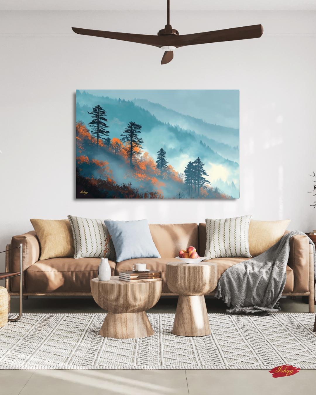 Great Smoky Mountains Wall Art Print Canvas Framed Canvas, Misty Forest Pine Trees Landscape Painting, Rustic Cabin Living Room Nature Decor