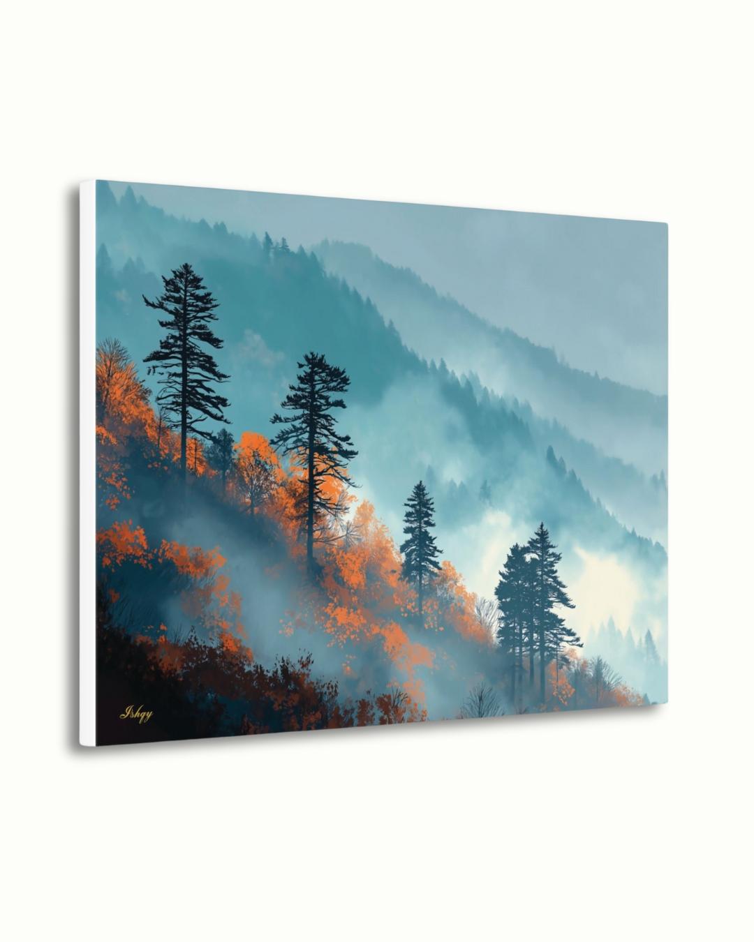 Great Smoky Mountains Wall Art Print Canvas Framed Canvas, Misty Forest Pine Trees Landscape Painting, Rustic Cabin Living Room Nature Decor