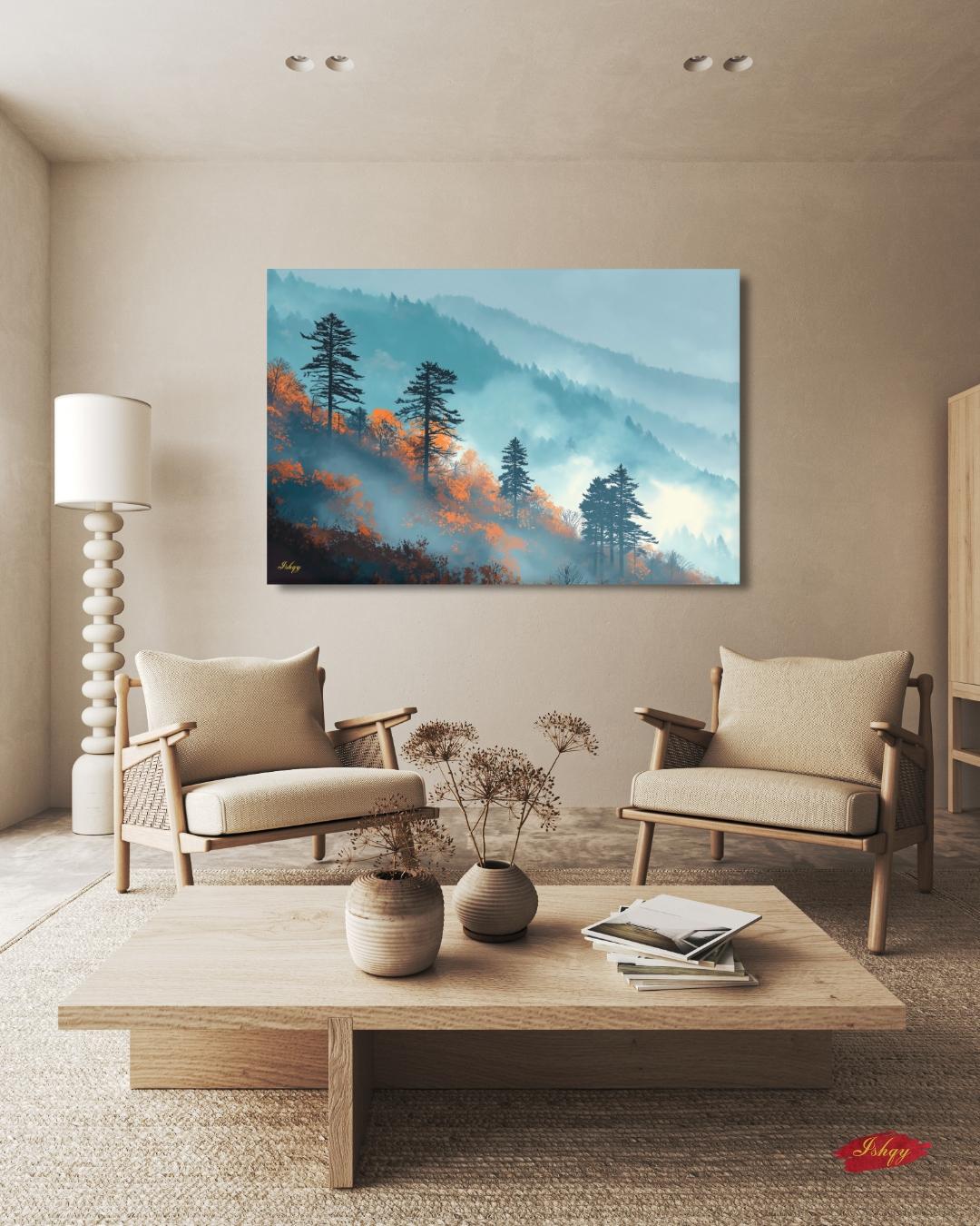 Great Smoky Mountains Wall Art Print Canvas Framed Canvas, Misty Forest Pine Trees Landscape Painting, Rustic Cabin Living Room Nature Decor