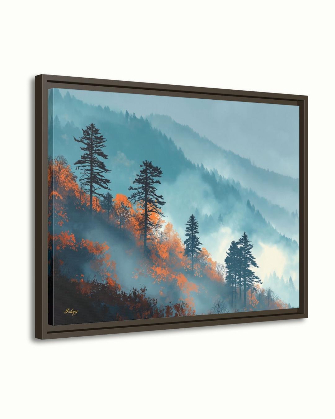 Great Smoky Mountains Wall Art Print Canvas Framed Canvas, Misty Forest Pine Trees Landscape Painting, Rustic Cabin Living Room Nature Decor