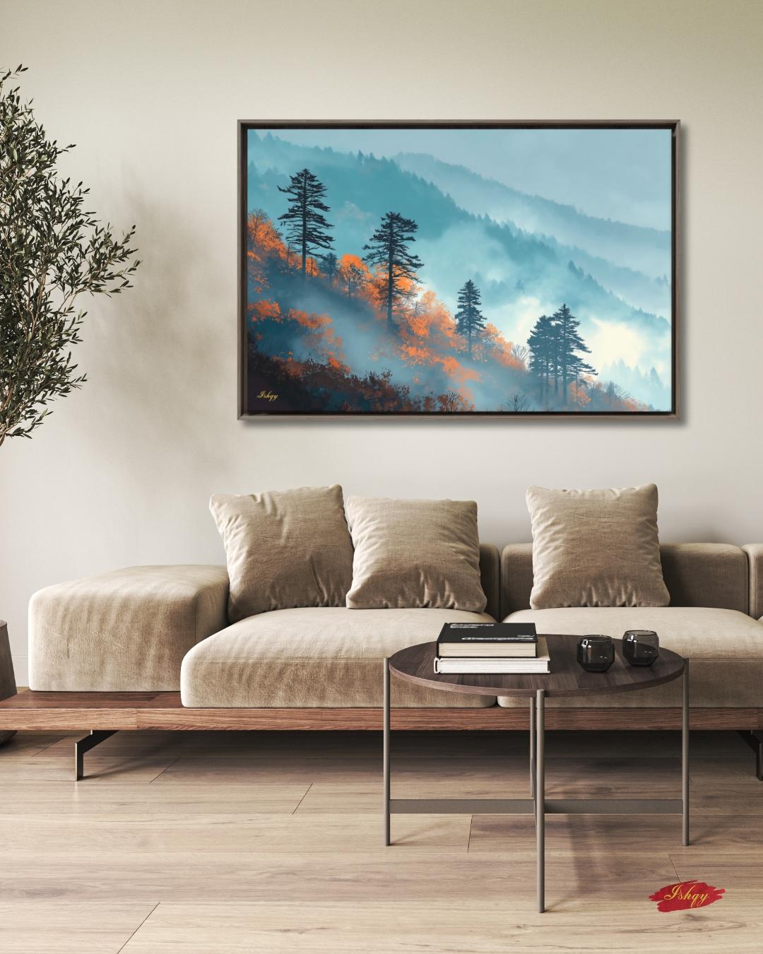 Great Smoky Mountains Wall Art Print Canvas Framed Canvas, Misty Forest Pine Trees Landscape Painting, Rustic Cabin Living Room Nature Decor