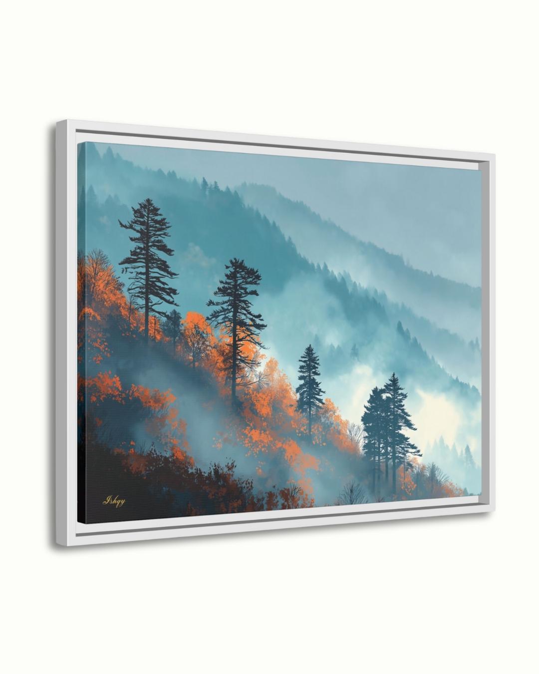 Great Smoky Mountains Wall Art Print Canvas Framed Canvas, Misty Forest Pine Trees Landscape Painting, Rustic Cabin Living Room Nature Decor