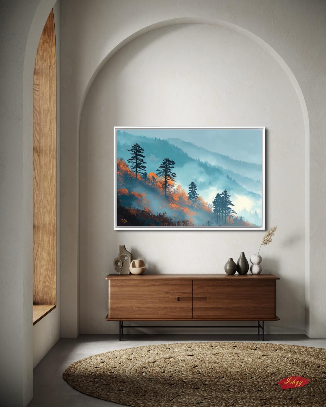 Great Smoky Mountains Wall Art Print Canvas Framed Canvas, Misty Forest Pine Trees Landscape Painting, Rustic Cabin Living Room Nature Decor