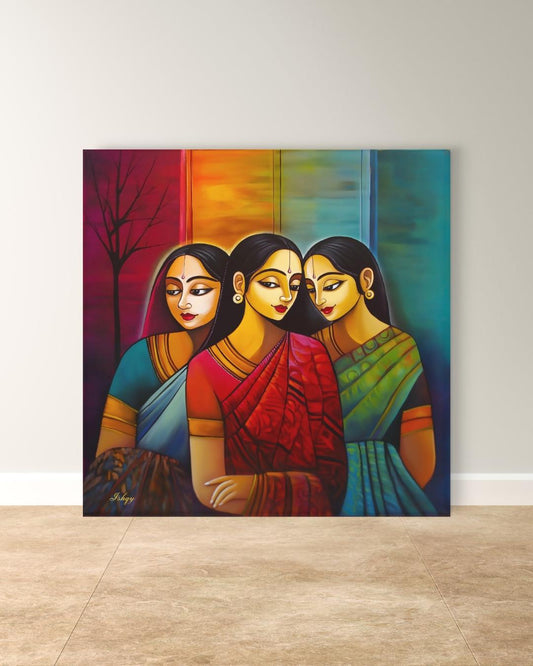 Indian Wall Art Canvas Print, Sari Women Painting, Bengali Sisterhood Portrait, Colorful Folk Art, Framed Canvas Living Room Decor Gift