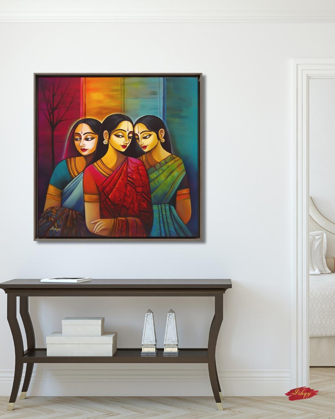 Indian Wall Art Canvas Print, Sari Women Painting, Bengali Sisterhood Portrait, Colorful Folk Art, Framed Canvas Living Room Decor Gift