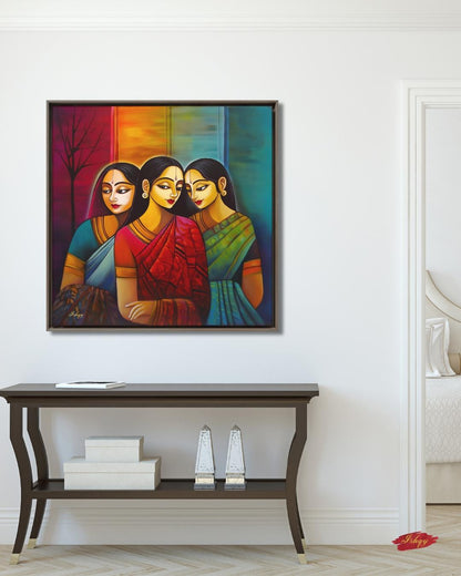 Indian Wall Art Canvas Print, Sari Women Painting, Bengali Sisterhood Portrait, Colorful Folk Art, Framed Canvas Living Room Decor Gift