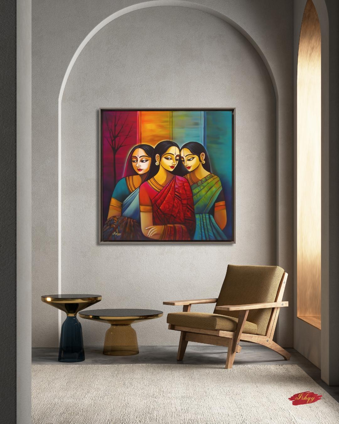 Indian Wall Art Canvas Print, Sari Women Painting, Bengali Sisterhood Portrait, Colorful Folk Art, Framed Canvas Living Room Decor Gift