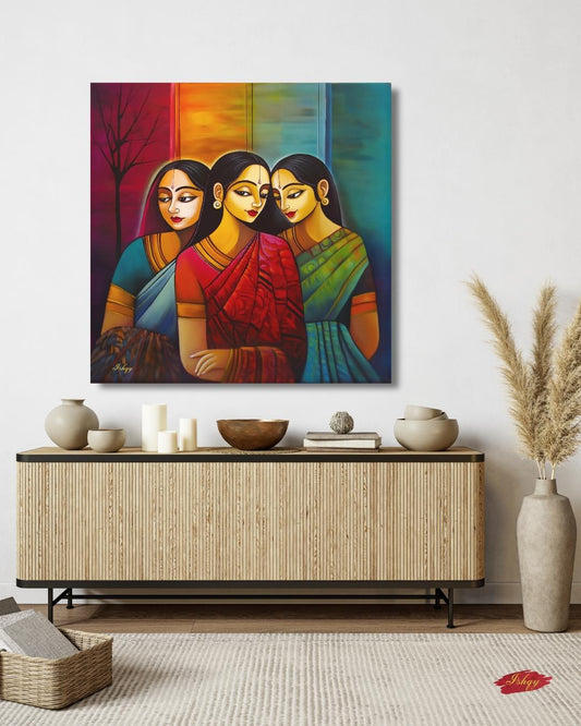 Indian Wall Art Canvas Print, Sari Women Painting, Bengali Sisterhood Portrait, Colorful Folk Art, Framed Canvas Living Room Decor Gift
