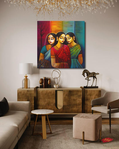 Indian Wall Art Canvas Print, Sari Women Painting, Bengali Sisterhood Portrait, Colorful Folk Art, Framed Canvas Living Room Decor Gift