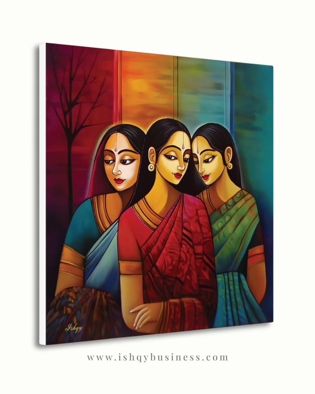 Indian Wall Art Canvas Print, Sari Women Painting, Bengali Sisterhood Portrait, Colorful Folk Art, Framed Canvas Living Room Decor Gift