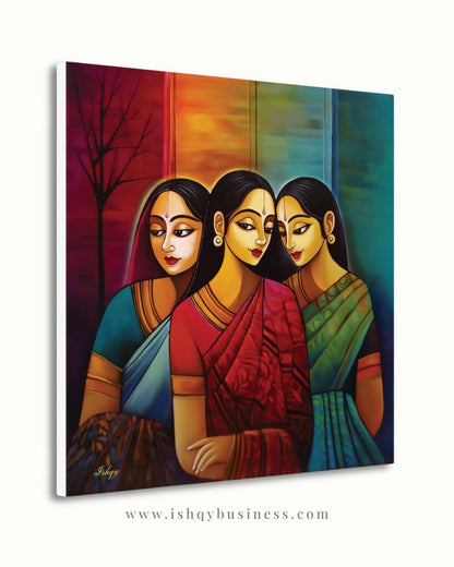 Indian Wall Art Canvas Print, Sari Women Painting, Bengali Sisterhood Portrait, Colorful Folk Art, Framed Canvas Living Room Decor Gift